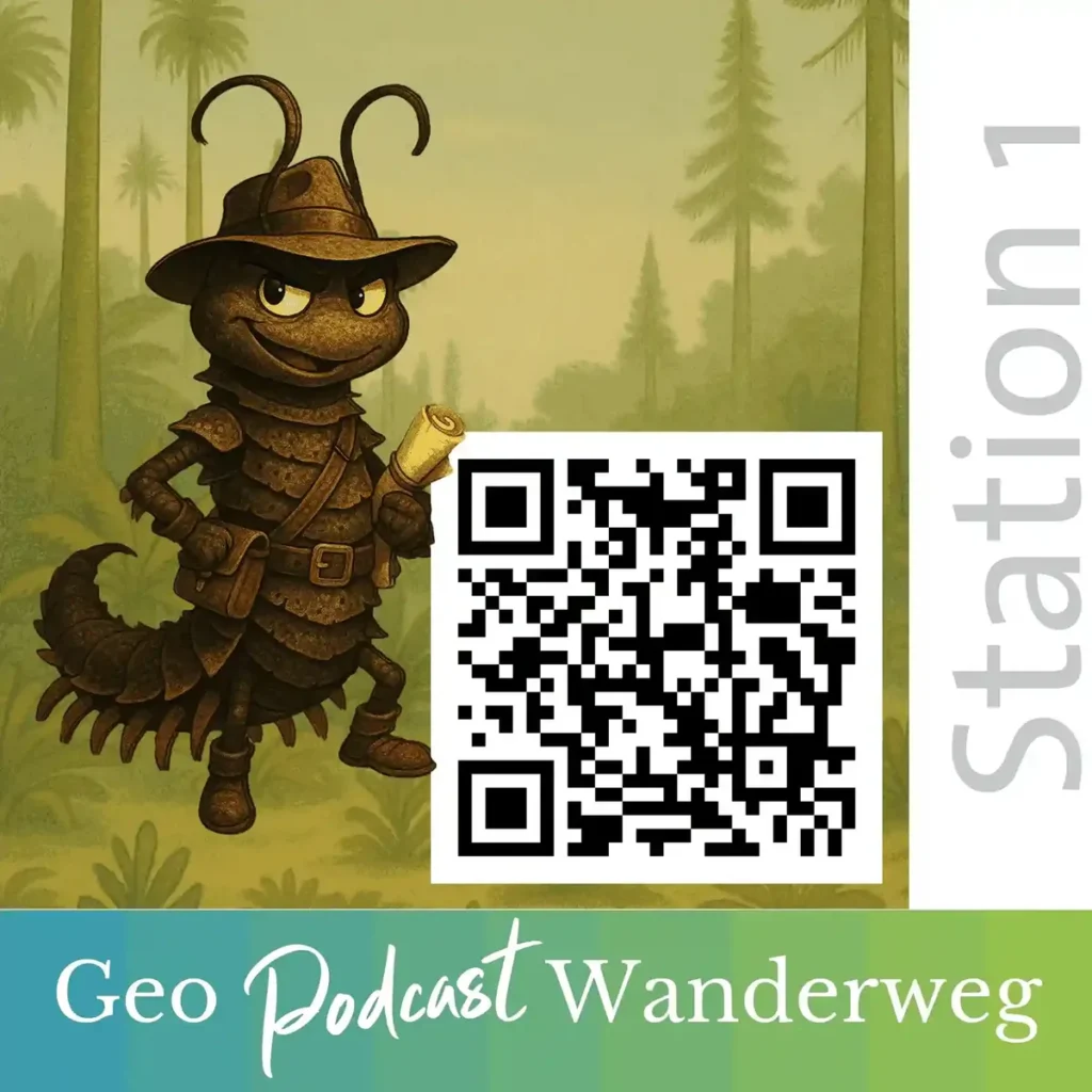 Schild von Station 1 des Geo-Podcast-Wanderwegs in Manebach mit dem Tausendfüßer Permi und QR-Code zum Podcast